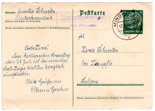 DR 1940, Landpoststpl. UNTERKAMMLACH über Mindelheim auf 6 Pf. Ganzsache