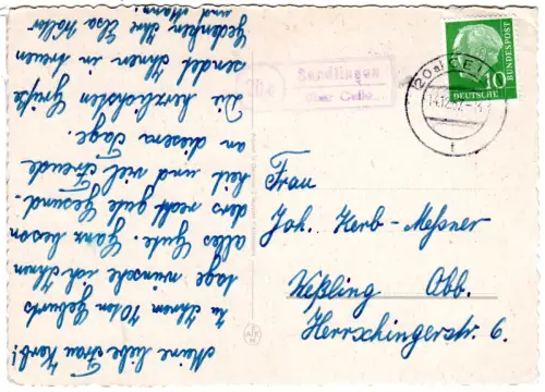 BRD 1957, Landpost Stpl. 20a SANDLINGEN über Celle auf Karte m. 10 Pf. 