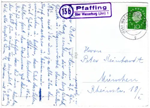 BRD 1960, Landpost Stpl. 13b PFAFFING über Wasserburg (Jnn) auf Karte m. 10 Pf. 