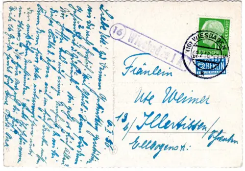 BRD 1956, Landpost Stpl. 16 Wiesbaden 1 A auf Karte m. 10 Pf. 