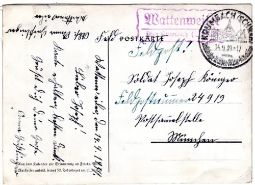 DR 1939, Landpoststempel WATTENWEILER über Krumbach (Schwab) auf Feldpostkarte