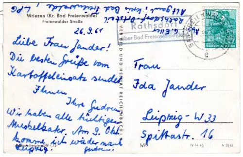 DDR 1961, Landpoststempel RATHSDORF über Bad Freienwalde auf Karte m. 10 Pf.