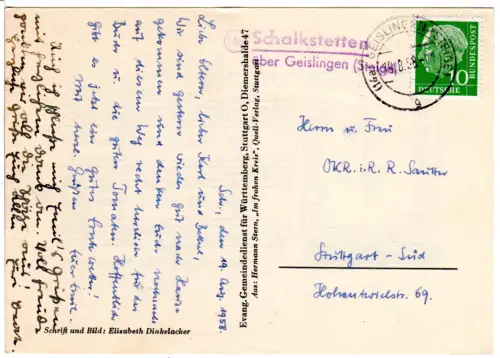BRD 1958, Landpoststpl.14a SCHALKSTETTEN über Geislingen auf Karte m. 10 Pf.