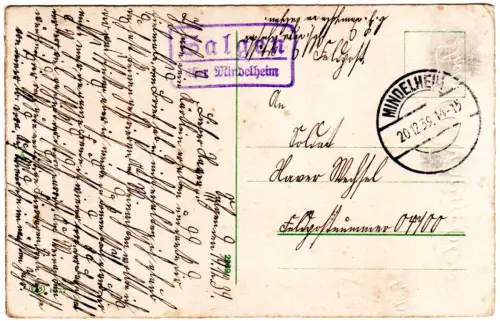 DR 1939, Landpoststpl.  SALGEN über Mindelheim auf Feldpost Karte