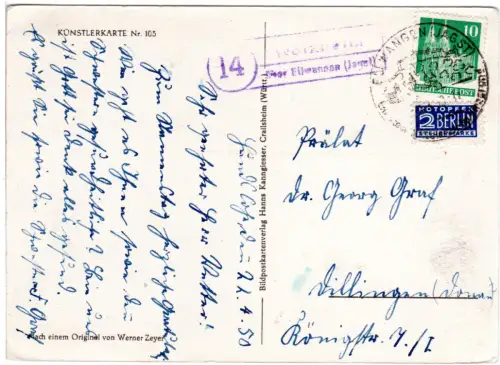 BRD 1950, Landpoststpl. WALXHEIM über Ellwangen (Jagst) auf Karte m. 10 Pf.