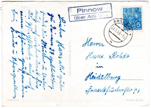 DDR 1958, Landpoststpl. PINNOW über Anklam auf Karte m. 10 Pf.