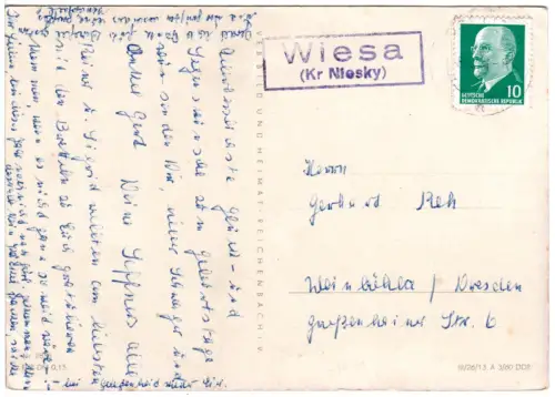 DDR 1960, Landpoststpl. WIESA (Kr Niesky) auf Karte m. 10 Pf.