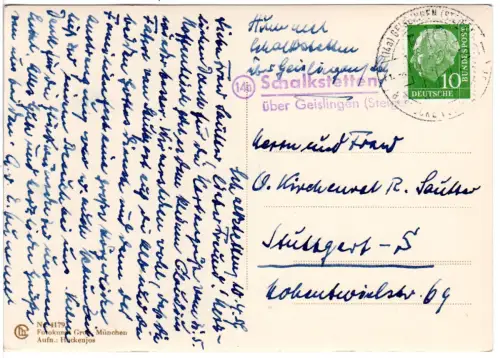 BRD 1956, Landpost Stpl. 14b SCHALKSTETTEN über Geislingen auf Karte m. 10 Pf. 