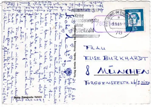 BRD 1963, später Landpost Stpl. 7801 SCHERZINGEN auf Karte m. 15 Pf. 