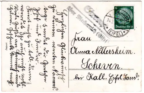 DR 1936, Landpost Stpl. STREMPT über Mechernich (Eifel) auf Karte m. 6 Pf.