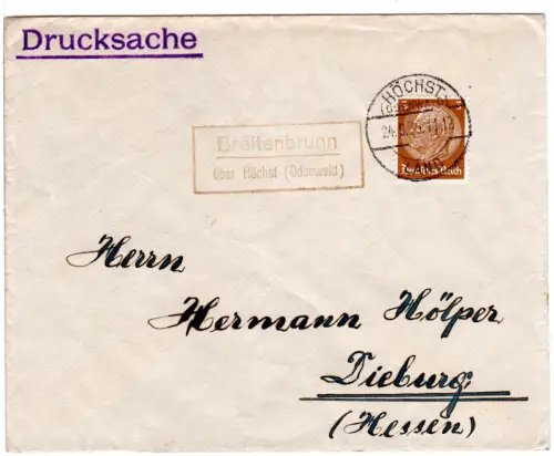 DR 1936, Landpoststpl. BREITENBRUNN über Höchst (Odenwald) auf Brief m. 3 Pf.