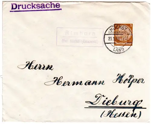 DR 1935, Landpoststpl. RIMHORN über Höchst (Odenwald) auf Brief m. 3 Pf.