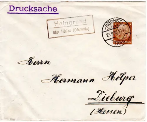 DR 1935, Landpoststpl. HAINGRUND über Höchst (Odenwald) auf Brief m. 3 Pf.