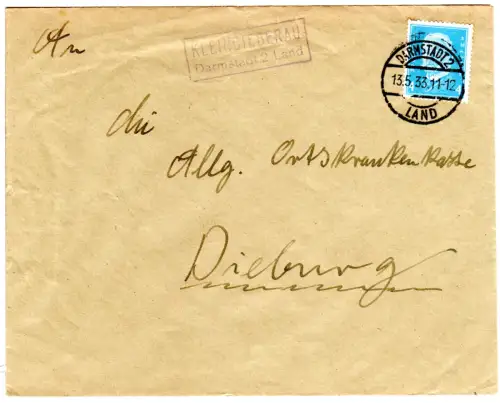 DR 1933, Landpost Stpl. KLEINBIEBERAU Darmstadt 2 Land auf Brief m. 4 Pf. 