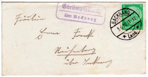 DR 1936, Landpost Stpl. STRÜMPFELBACH über Backnang auf Brief m. 5 Pf. 