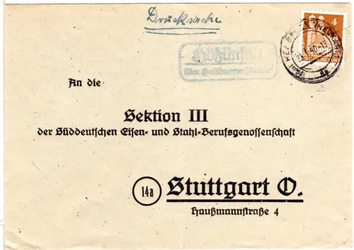BRD 1950, Landpost Stpl. HÖSSLINSÜLZ über Heilbronn (Neckar) auf Brief m. 4 Pf. 