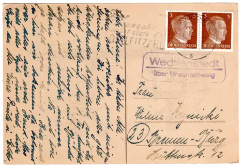 DR 1942, Landpoststpl. WEDTLENSTEDT über Braunschweig auf Karte m. 2x3 Pf.