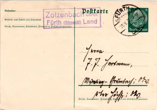 DR 1937, Landpost Stpl ZOTZENBACH über Fürth (Odenwald) Land auf 6 Pf. Ganzsache