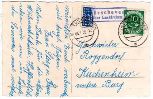 BRD 1953, Landpost Stpl. DÜRSCHEVEN über Euskirchen auf Karte m. 10 Pf.