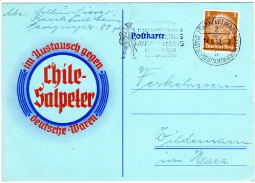 DR 1938, 3 Pf. auf Chile-Salpeter Reklame Karte v. Frankfurt