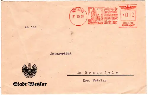 DR 1939, 12 Pf. AFSt. Goethe-/ Wertherstadt Wetzlar auf Umschlag m. Stadtwappen