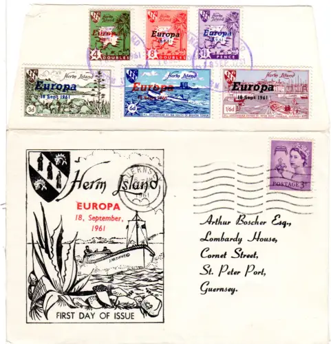 GB 1961, Guernsey, FDC m. rückseitigen Herm Island Europa Marken.