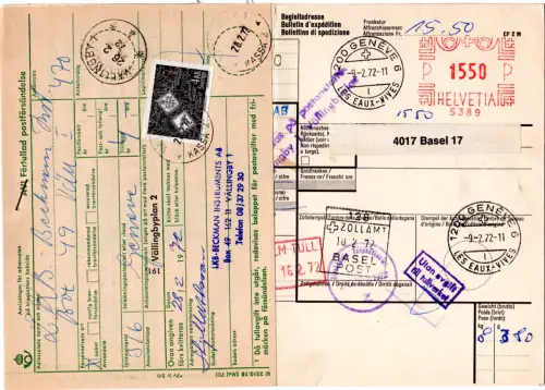 Schweiz 1972, Paketkarte m. Freistpl. v. Genf u. Schweden Formular + Portomarke