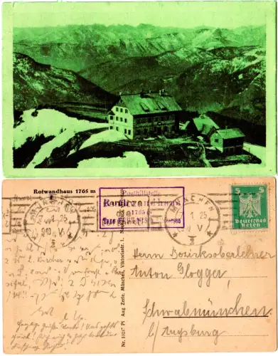 DR 1925, Bayern-Posthilfstelle Rotwandhaus Taxe Neuhaus auf entspr. AK m. 5 Pf. 