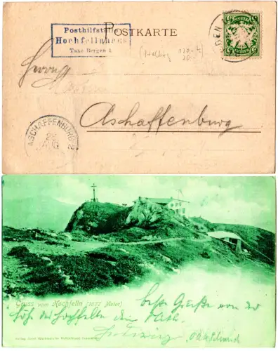 Bayern 1908, Posthilfstelle Hochfellnhaus Taxe Bergen I auf sw-AK m. 5 Pf. 