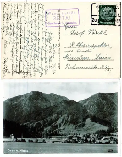 DR 1937, Posthilfstelle GEITAU Taxe Hammer b. Fischbachau auf AK m. Bahnpost