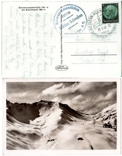 Österreich, Schwarzwasserhütte am Steinmandl, 1940 gebr. Kleinwalsertal-AK. 