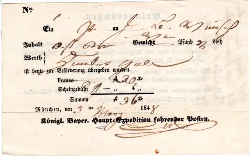 Bayern 1848, Postschein v. München f. eine Wertsendung