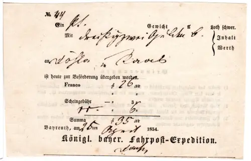 Bayern 1854, Postschein f. eine Wertsendung v. Bayreuth