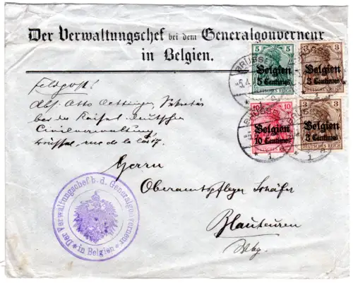 Dt. Post Belgien 1915, 3 Marken auf Verwaltungschef Brief v. Brüssel