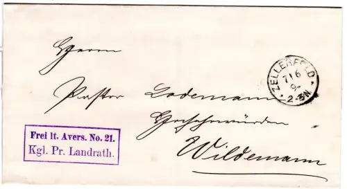 DR 1894, Frei lt. Avers No. 21 Kgl. Pr. Landrath auf Brief v. Zellerfeld