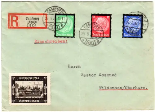 DR 1934, 5+12+25 Pf. Hindenburg Trauer auf portorichtigem Reko Brief v. Camburg