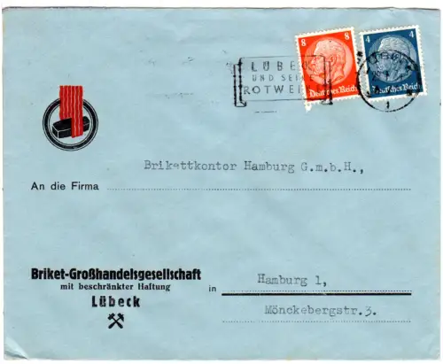 DR 1934, 4+8 Pf. auf Firmenbrief m. Werbestpl. Lübeck u. seine Rotweine