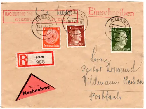 DR 1943, 8+24+30 Pf. auf Einschreiben Nachnahme Brief v. Posen n. Wildemann