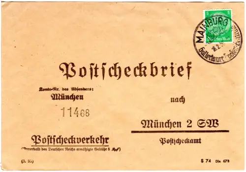 DR 1936, 5 Pf. auf Postscheckbrief m. Stpl. Mainburg Hallertauer Hopfen Zentrale