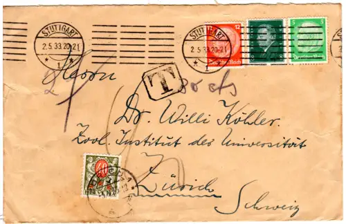 DR 1933, 5+8+12 Pf. auf Brief v. Stuttgart n. Zürich m. Schweiz Porto 40 C.