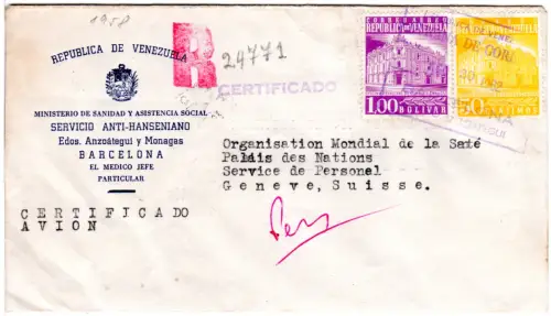 Venezuela 1962, 30 C.+1 B. auf Luftpost Reko-Brief des Gesundheitsministeriums