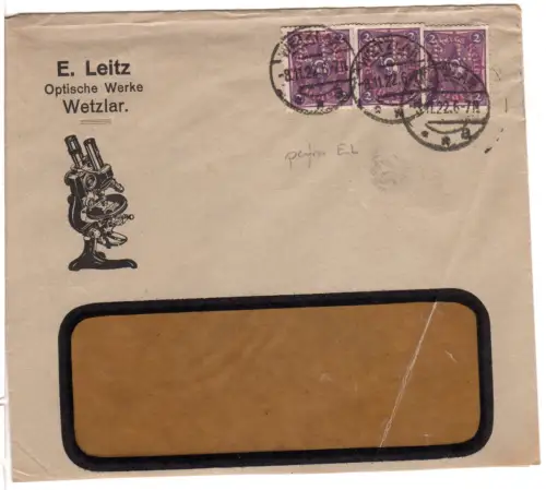 DR 1922, MeF 3x2 Mk.m. perfin auf Firmenbrief v. Wetzlar