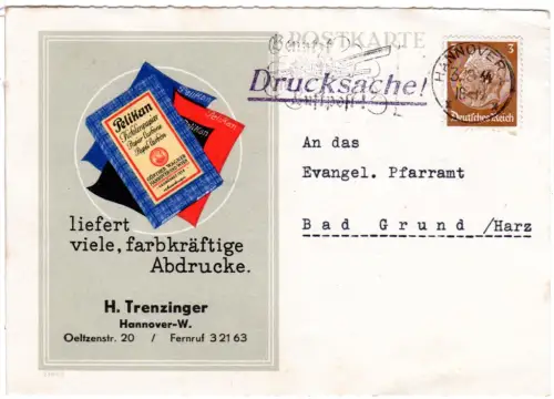 DR 1934, 3 Pf. auf farbiger Pelikan Reklame Karte v. Hannover