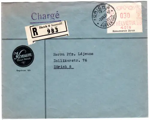 Schweiz 1935, 30 C. Frankier-Etikett Konsumverein Zürich auf Einschreiben Brief