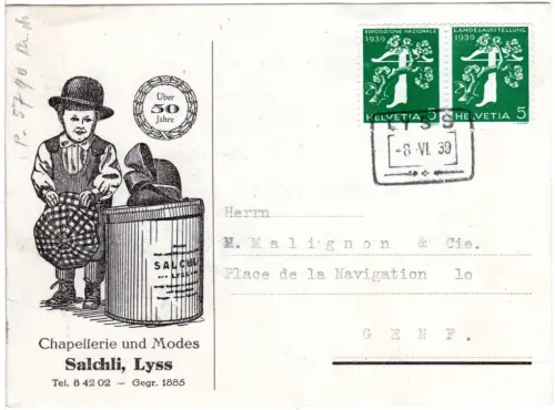 Schweiz 1939, Paar 5 C. Landesausstelung auf Reklame Karte v. Lyss