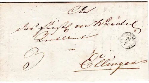 Bayern 1839, Fingerhutstpl. Gunzenhausen auf Porto Brief n. Württemberg