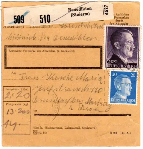 DR 1944, 2 Mk.+20 Pf. auf Ostmark Paketkarte m. Steiermark Stpl. Benedikten