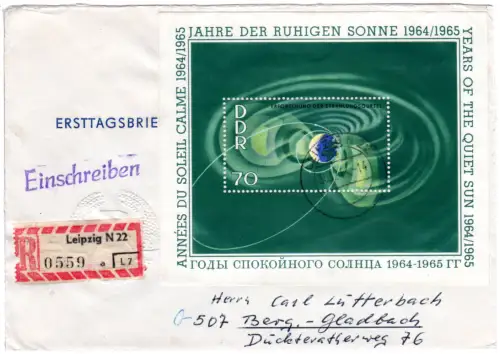 DDR 1964, Block Jahre d. ruhigen Sonne auf portorichtigem Reko Brief v. Leipzig