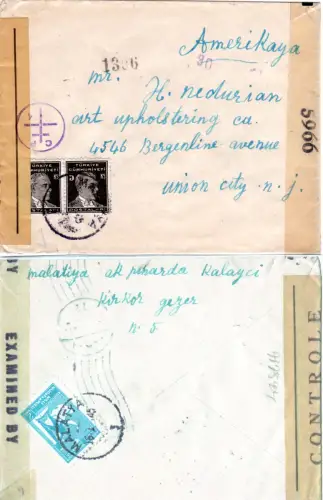 Türkei 1945, 2x5+rücks. 2 Krs. auf Zensur Brief v. Malatya n. USA