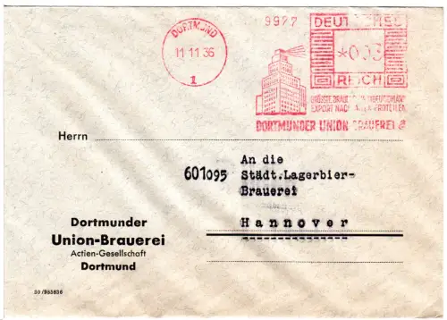 DR 1936, 3 Pf. AFSt. Dortmunder Union Brauerei auf Brief n. Hannover